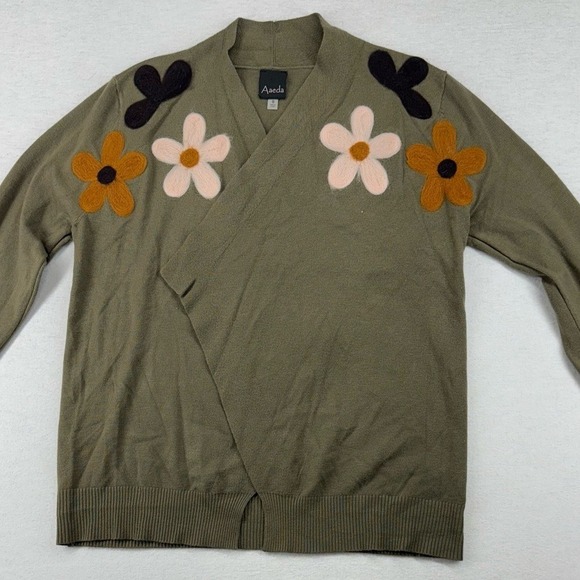 Aaeda Sweaters - Aaeda Women's Floral Open Cardigan Olive w/ Pink Brown Orange Flowers Small